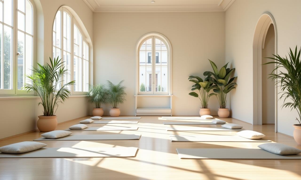 Zen yoga studio bathed in soft morning light with yoga mats and props set up, ready for a class.